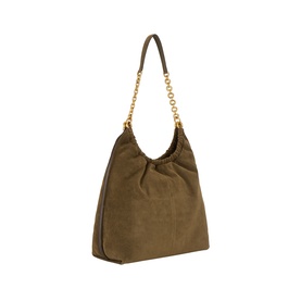MMK loden green suede leather shoulder bag with gold chain and leather strap, slouchy silhouette