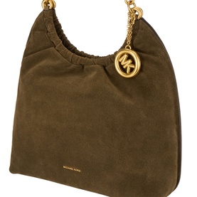 MMK loden green suede shoulder bag with gold chain strap, MK logo charm, and ruched top detail