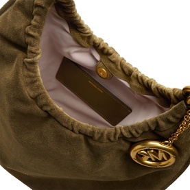 MMK Loden leather shoulder bag open view, showing pink interior, ruched top, and gold MK logo chain detail