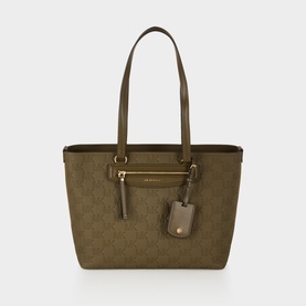 MMK Loden tote bag in monogram leather with gold-tone hardware, front zip pocket, matching luggage tag, and double top handles