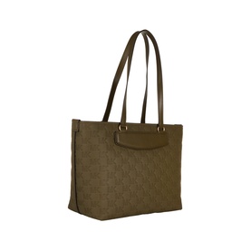 MMK loden green leather tote bag with twin shoulder straps, gold-tone hardware, and exterior front pocket