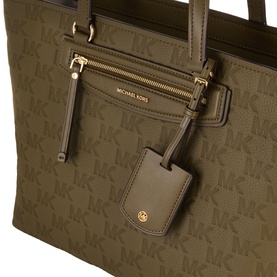 MMK loden green leather tote bag with gold-tone hardware, MK monogram pattern, front zip pocket, and matching luggage tag