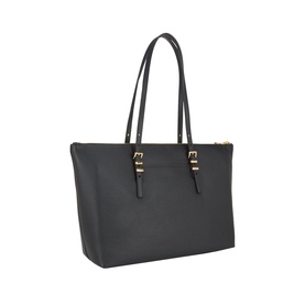 MMK black leather tote bag with twin top handles, buckle strap detail, and gold-tone hardware