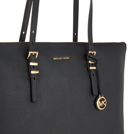 MMK black leather tote bag with gold-tone hardware, dual top handles, buckle detail straps, and MK logo charm pendant.