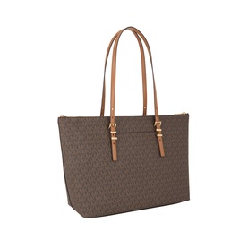 MMK brown coated canvas tote bag with acorn leather twin handles, gold-tone hardware, and signature monogram print.