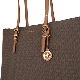 MMK tote bag in brown/acorn coated canvas with signature monogram print, twin leather shoulder straps, gold-tone hardware and MK logo charm.