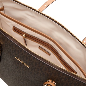 MMK brown/acorn coated canvas tote bag, open view showing blush pink lining, interior zip pockets and gold-tone hardware details