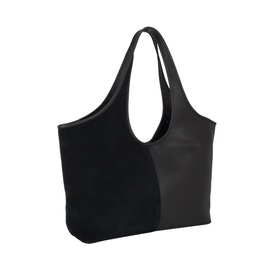 MMK black leather tote bag with dual short top handles, structured silhouette, and mixed suede and smooth leather panels