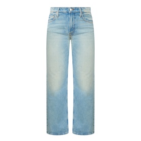 Mother straight-leg jeans in Daydreamer light blue wash, 100% cotton, relaxed fit with raw hem, ghost mannequin shot