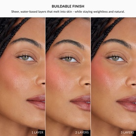 No Brand UDA Water Blush in Apricot shown in three-panel close-up demonstrating buildable coverage from 1 to 3 layers on model's cheek.