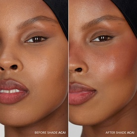 Before and after split showing No Brand UDA Water Blush in Apricot applied to deep skin tone, adding a warm flush to cheeks