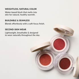 No Brand UDA Water Blush in Apricot; three cushion compact blushers shown open, displaying buildable rosy-red pressed powder formula.