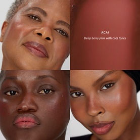 No Brand UDA Water Blush in Acai shade shown on three models with deep berry pink with cool tones blush on cheeks