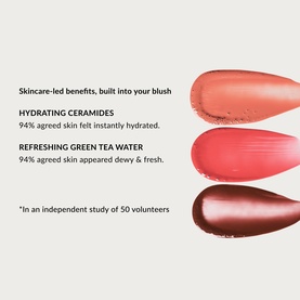 Three Water Blush cream swatch shades shown on neutral background, including Apricot, with hydrating ceramides and green tea water formula claims.