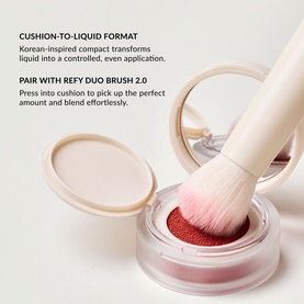 No Brand UDA Water Blush in Apricot, cushion-to-liquid compact shown open with brush, deep red-toned cushion visible inside cream case