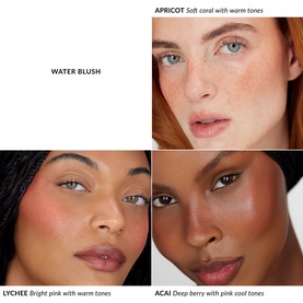 Water Blush blusher shown on three models in shades Apricot, Lychee and Acai, demonstrating finish across different skin tones