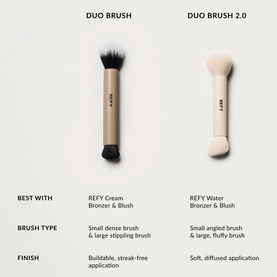 Duo Brush 2.0 double-ended makeup brush with small angled and large fluffy heads, shown alongside original Duo Brush for comparison