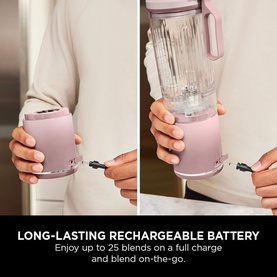 Ninja Blast Max Cordless Portable Blender in pink, showing rechargeable charging port and blending in use, two-panel lifestyle shot.