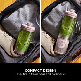Ninja Blast Max Cordless Portable Blender in pink, shown fitting inside a travel backpack alongside shoes, highlighting compact design.