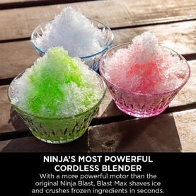 Ninja Blast Max Cordless Portable Blender in pink, shown making shaved ice in three glass bowls with green, white and pink flavours.