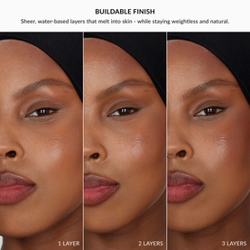 Model with No Brand UDA Water Bronzer in Bay shade shown in three-panel buildable coverage comparison: 1, 2, and 3 layers on deep skin tone.