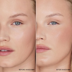 Model with No Brand UDA Water Bronzer in shade Bay; before and after split showing a natural sun-kissed bronze finish on fair skin.