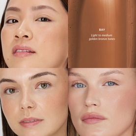 No Brand UDA Water Bronzer in Bay shade shown on three models with light to medium golden bronze tones, demonstrating natural bronzed finish.
