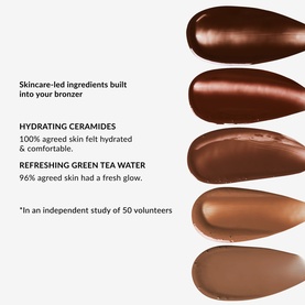 No Brand UDA Water Bronzer in Bay shade swatches showing five bronzer tones from deep brown to light golden tan on white background.