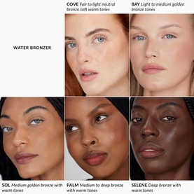 Water Bronzer shade guide showing five models with Cove, Bay, Sol, Palm, and Selene bronze tones on diverse skin tones