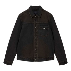 All Saints overdyed brown denim jacket with chest pocket, spread collar, and snap-button fastening