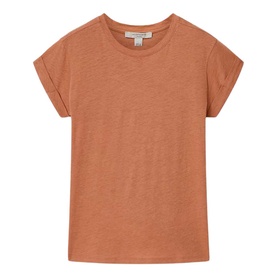 All Saints pecan brown crew neck T-shirt with rolled short sleeves, relaxed fit, flat lay view