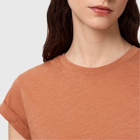 Model wearing All Saints Anna Back Logo T-Shirt in Pecan Brown, crew neckline, turn-back cuffs, lightweight cotton