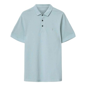 AllSaints Salton Blue polo shirt with three-button placket and tonal logo embroidery, short sleeves, piqu&eacute; fabric