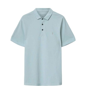 AllSaints Salton Blue polo shirt with three-button placket and tonal logo embroidery, short sleeves, piqu&eacute; fabric
