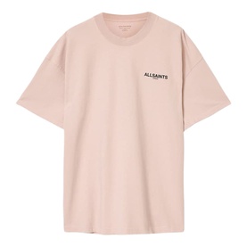 AllSaints Sunbaked Pink crew neck t-shirt with small chest logo print, short sleeves, relaxed fit