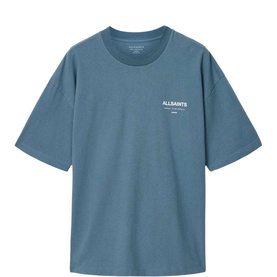 AllSaints waved blue oversized crew neck T-shirt with small chest logo print, short sleeves, relaxed fit