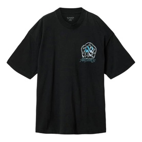 All Saints washed black oversized T-shirt with blue graphic crest print on chest, short sleeves and crew neck.