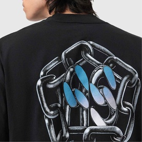 Model wearing black sweatshirt with large back graphic of interlocked chains and blue oval shapes in grey metallic tones.