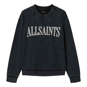 AllSaints washed black crew neck sweatshirt with contrast collegiate logo print across chest, ribbed cuffs and hem