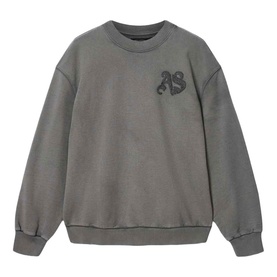 All Saints washed black crew neck sweatshirt with tonal AS logo graphic on chest, dropped shoulders and ribbed cuffs