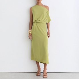 Model wearing Reiss green one-shoulder midi dress with draped waist detail, styled with gold cuff bracelet and nude strappy heels.