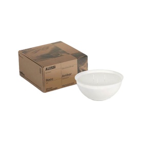Alessi Candle Refill Small in Amber, white wax bowl with three wicks, shown beside branded kraft packaging box
