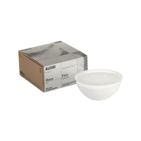 Alessi Rocc Candle Refill Small in Flint, white wax bowl with grey marbled finish, shown with branded box packaging