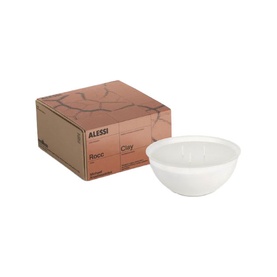 Alessi Rocc Candle Refill Small in Clay, white three-wick wax refill shown beside branded kraft gift box