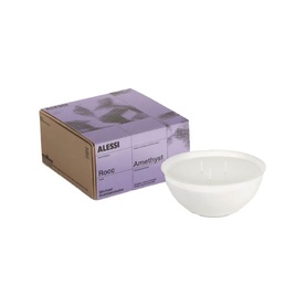 Alessi Rocc Candle Refill Small in Amethyst, white three-wick bowl beside branded box, violet, myrrh and lavender fragrance