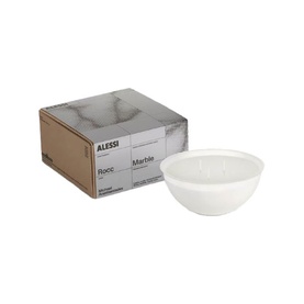 Alessi Rocc Marble Candle Refill Small, white three-wick wax bowl beside grey marble-print gift box