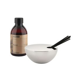 Alessi Diffuser Set in Amethyst, stainless steel canister with black rattan reeds and fragrance bottle, minimalist design by Michael Anastassiades