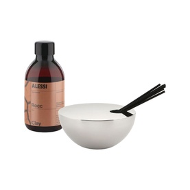 Alessi Diffuser Set Clay, silver stainless steel canister with black rattan reeds and dark glass refill bottle with label