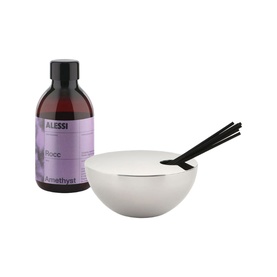 Alessi Diffuser Set - Amethyst, stainless steel canister with dark rattan reeds and amber glass refill bottle