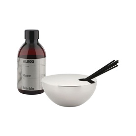 Alessi Diffuser Set Marble with stainless steel canister, black rattan reeds, and amber glass refill bottle